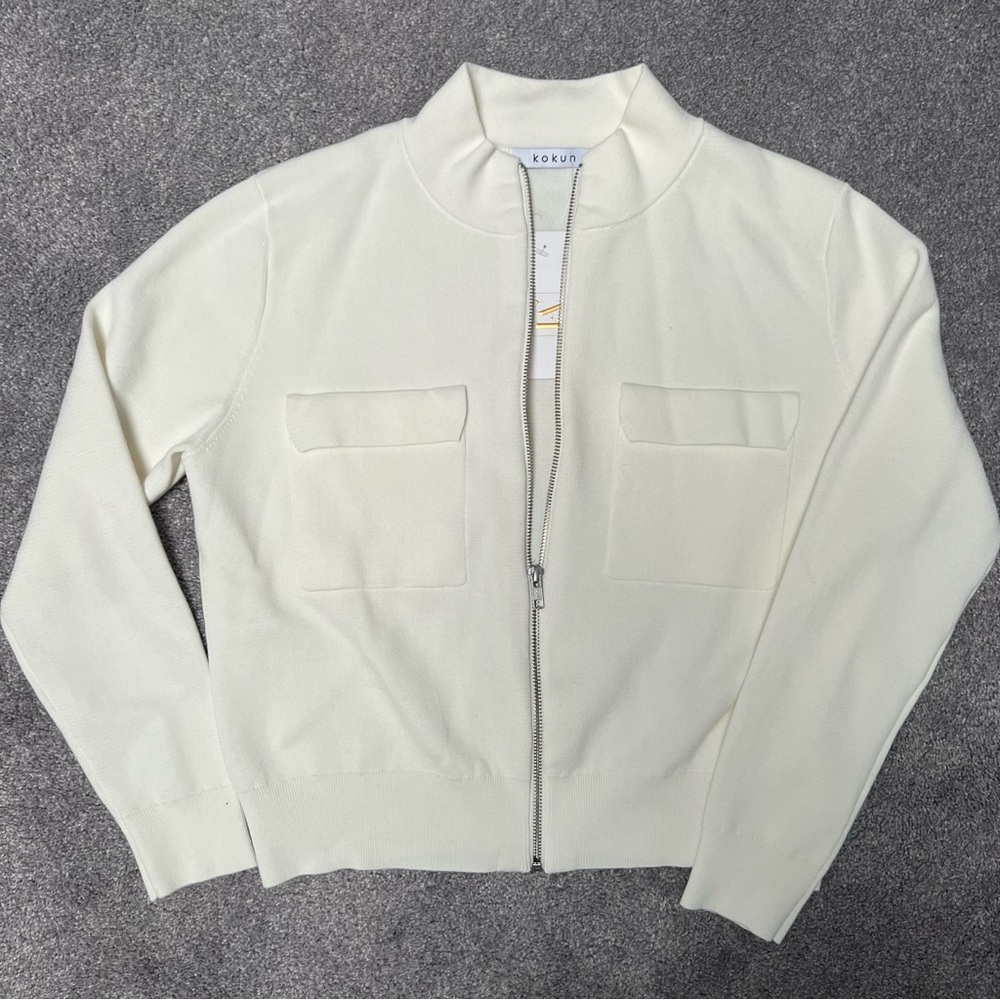 Kokun Cropped Cream Zip-Up Jacket 100% cotton Bomber Spring jacket size medium - Picture 3 of 8